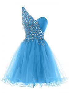 Blue A-line Beading Evening Dress Lace Up Tulle Sleeveless Mini Length