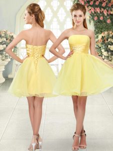Elegant Strapless Sleeveless Dress for Prom Mini Length Beading Yellow Organza