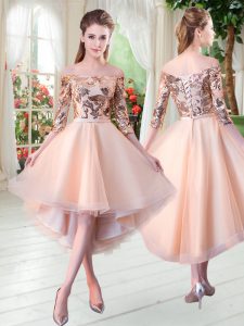 High Low Peach Prom Party Dress Tulle 3 4 Length Sleeve Sequins