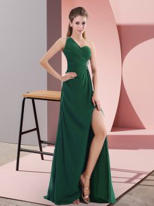 Most Popular Green Sleeveless Satin Sweep Train Backless Homecoming Dress for Prom