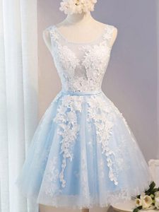 Knee Length Lace Up Prom Gown Baby Blue for Prom and Party with Appliques and Belt