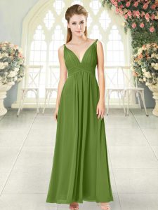 Deluxe Olive Green Chiffon Backless V-neck Sleeveless Ankle Length Prom Dresses Ruching