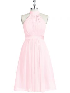 Beautiful Sleeveless Chiffon Knee Length Zipper Evening Dress in Baby Pink with Ruching and Belt