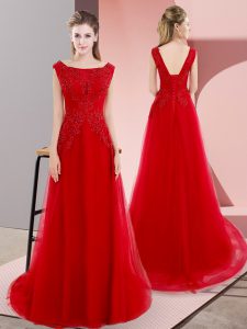 Bateau Sleeveless Prom Gown Sweep Train Beading and Appliques Red Tulle