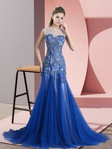 Exquisite Tulle Scoop Sleeveless Brush Train Backless Beading and Appliques Dress for Prom in Royal Blue