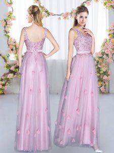 V-neck Sleeveless Court Dresses for Sweet 16 Floor Length Beading and Appliques Lavender Tulle