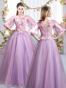 Pretty Lavender Half Sleeves Floor Length Appliques Zipper Dama Dress