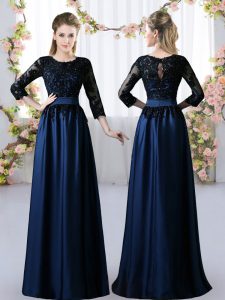 Flare Floor Length Navy Blue Dama Dress Satin 3 4 Length Sleeve Lace