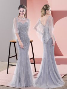 Dramatic Sweep Train Empire Prom Evening Gown Grey Scoop Tulle Half Sleeves Zipper