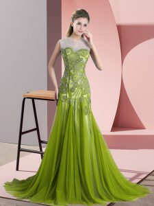 Beading and Appliques Prom Gown Olive Green Backless Sleeveless Sweep Train