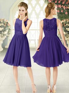 Fitting Scoop Sleeveless Evening Dress Knee Length Lace Purple Chiffon