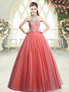 Super Floor Length Watermelon Red Prom Dresses Halter Top Sleeveless Zipper