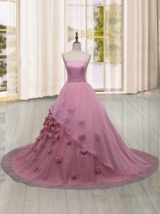 Elegant Sleeveless Brush Train Lace Up Hand Made Flower Quinceanera Dress