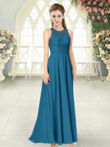 Chiffon Scoop Sleeveless Backless Lace Evening Dress in Teal