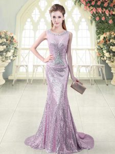 High Quality Lilac Sleeveless Sequined Brush Train Zipper Prom Dress for Prom and Party and Military Ball