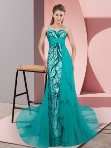 Enchanting Teal Column/Sheath Spaghetti Straps Sleeveless Tulle Sweep Train Zipper Beading and Lace Dress for Prom