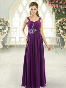 Floor Length Dark Purple Evening Dress Chiffon Sleeveless Beading and Ruching