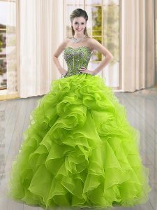 Inexpensive Yellow Green Organza Lace Up Quince Ball Gowns Sleeveless Floor Length Beading and Ruffles