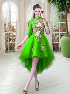 Extravagant High Low Green Prom Dresses High-neck Half Sleeves Zipper