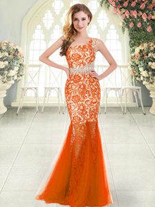 Luxury Floor Length Orange Red Dress for Prom One Shoulder Sleeveless Zipper