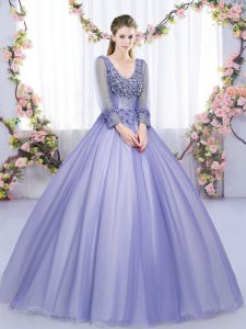 New Style Lavender V-neck Lace Up Lace and Appliques Quinceanera Gowns Long Sleeves