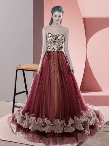 Red Sleeveless Tulle Sweep Train Lace Up Homecoming Dress for Prom and Party and Military Ball