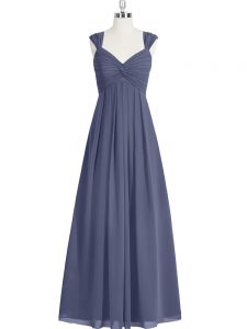 Blue Zipper Straps Ruching Prom Dresses Chiffon Sleeveless