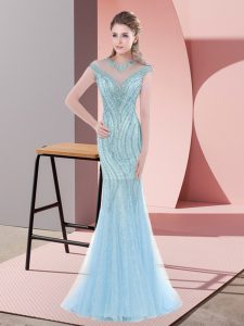 Dazzling Scoop Cap Sleeves Prom Dress Sweep Train Beading Baby Blue Tulle