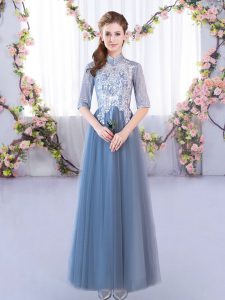 Blue High-neck Neckline Lace Quinceanera Dama Dress Half Sleeves Lace Up