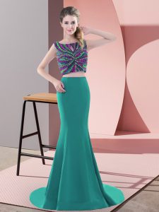 High Class Turquoise Dress for Prom Prom and Party with Beading Scoop Sleeveless Sweep Train Backless