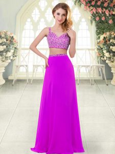 Straps Sleeveless Evening Dress Floor Length Beading Purple Chiffon