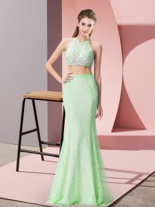 Fantastic Apple Green Two Pieces Beading and Lace Prom Dress Backless Lace Sleeveless Floor Length