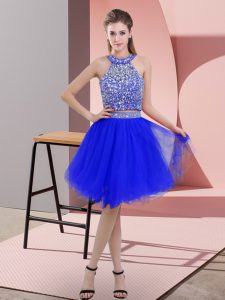 Cheap Halter Top Sleeveless Prom Party Dress Knee Length Beading Royal Blue Organza