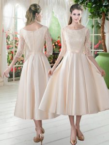 Free and Easy Satin Scoop 3 4 Length Sleeve Zipper Lace Homecoming Dress in Champagne