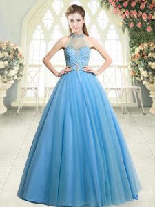 Admirable Blue A-line Beading Dress for Prom Zipper Tulle Sleeveless Floor Length