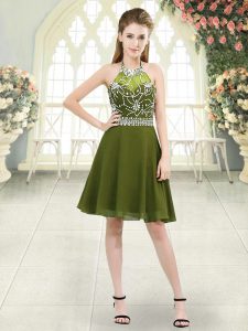 Amazing Olive Green Chiffon Zipper Homecoming Dress Sleeveless Knee Length Beading