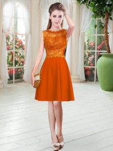 Scalloped Sleeveless Prom Dress Knee Length Lace Orange Red Satin