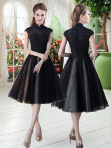 Black Prom Evening Gown Prom and Party with Beading and Lace High-neck Cap Sleeves Zipper