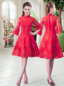 Red Zipper High-neck 3 4 Length Sleeve Knee Length Prom Gown Lace