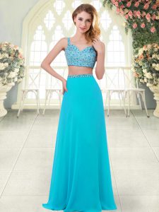 Aqua Blue Sleeveless Beading Floor Length Evening Dress