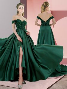 Vintage Green Prom Evening Gown Satin Sweep Train Sleeveless Beading