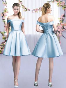 Custom Made A-line Damas Dress Light Blue Off The Shoulder Satin Sleeveless Mini Length Lace Up