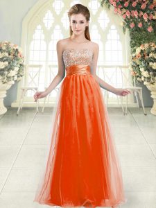 Artistic Sleeveless Floor Length Beading Lace Up with Orange Red