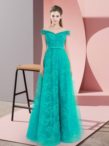Classical Beading and Lace Dress for Prom Turquoise Lace Up Sleeveless Floor Length
