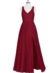Shining Wine Red Sleeveless Floor Length Pleated Zipper Dress for Prom