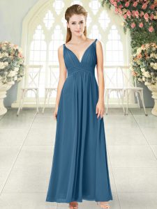 Blue V-neck Backless Ruching Prom Evening Gown Sleeveless