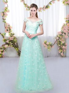 Delicate Cap Sleeves Floor Length Appliques Lace Up Quinceanera Court Dresses with Apple Green