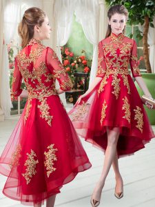Custom Fit Red Zipper Prom Party Dress Appliques Half Sleeves High Low
