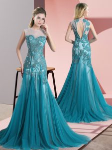 Gorgeous Scoop Sleeveless Evening Dress Sweep Train Beading and Appliques Teal Tulle