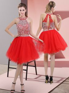 Traditional Beading Prom Party Dress Red Backless Sleeveless Knee Length